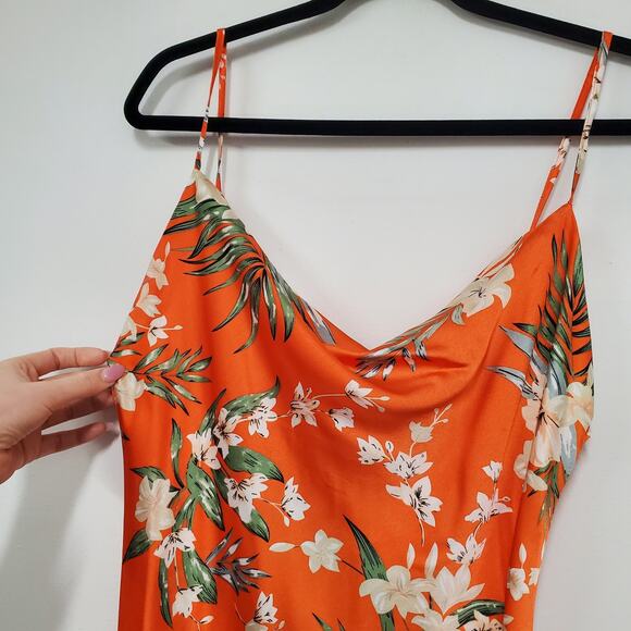 Paper Heart Silky Maxi Dress M Orange Floral Cowl Neck High Slit Garden Party - Picture 5 of 16